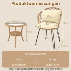 3-teiliges PE Rattan Bistro-Set für die Terrasse Outdoor-Set mit Kissen und 2-stöckigem Tisch Beige