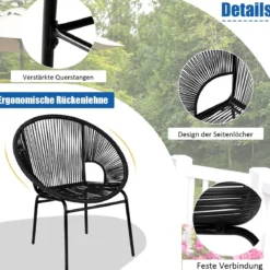 3-teiliges PE Rattan Möbelset Bistro-Set mit Tisch aus Hartglas für Terrasse 72,5 x 65,5 x 82,5 cm Schwarz