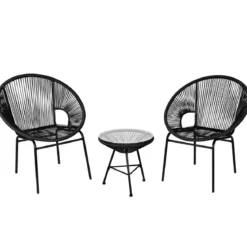 3-teiliges PE Rattan Möbelset Bistro-Set mit Tisch aus Hartglas für Terrasse 72,5 x 65,5 x 82,5 cm Schwarz