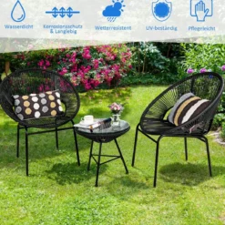 3-teiliges PE Rattan Möbelset Bistro-Set mit Tisch aus Hartglas für Terrasse 72,5 x 65,5 x 82,5 cm Schwarz
