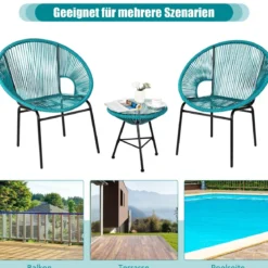 3-teiliges PE-Rattan Möbelset Outdoor Bistro-Set mit Glastisch & 2 Terrassenstühle 72,5 x 65,5 x 82,5 cm Grün