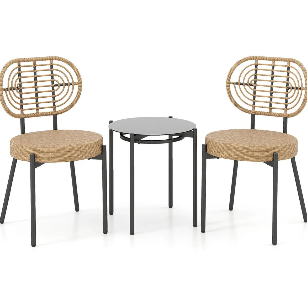 3-teiliges PE-Rattan Outdoor Bistro-Set Patio-Gesprächsset mit temperiertem Glas-Couchtisch Braun