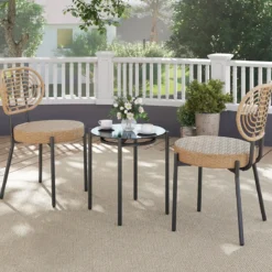 3-teiliges PE-Rattan Outdoor Bistro-Set Patio-Gesprächsset mit temperiertem Glas-Couchtisch Braun