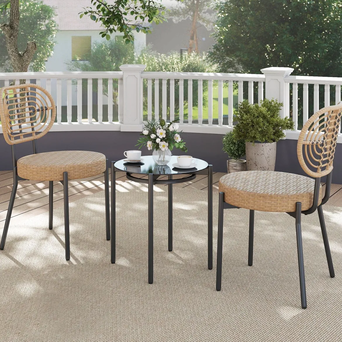 3-teiliges PE-Rattan Outdoor Bistro-Set Patio-Gesprächsset mit temperiertem Glas-Couchtisch Braun