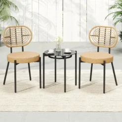 3-teiliges PE-Rattan Outdoor Bistro-Set Patio-Gesprächsset mit temperiertem Glas-Couchtisch Braun