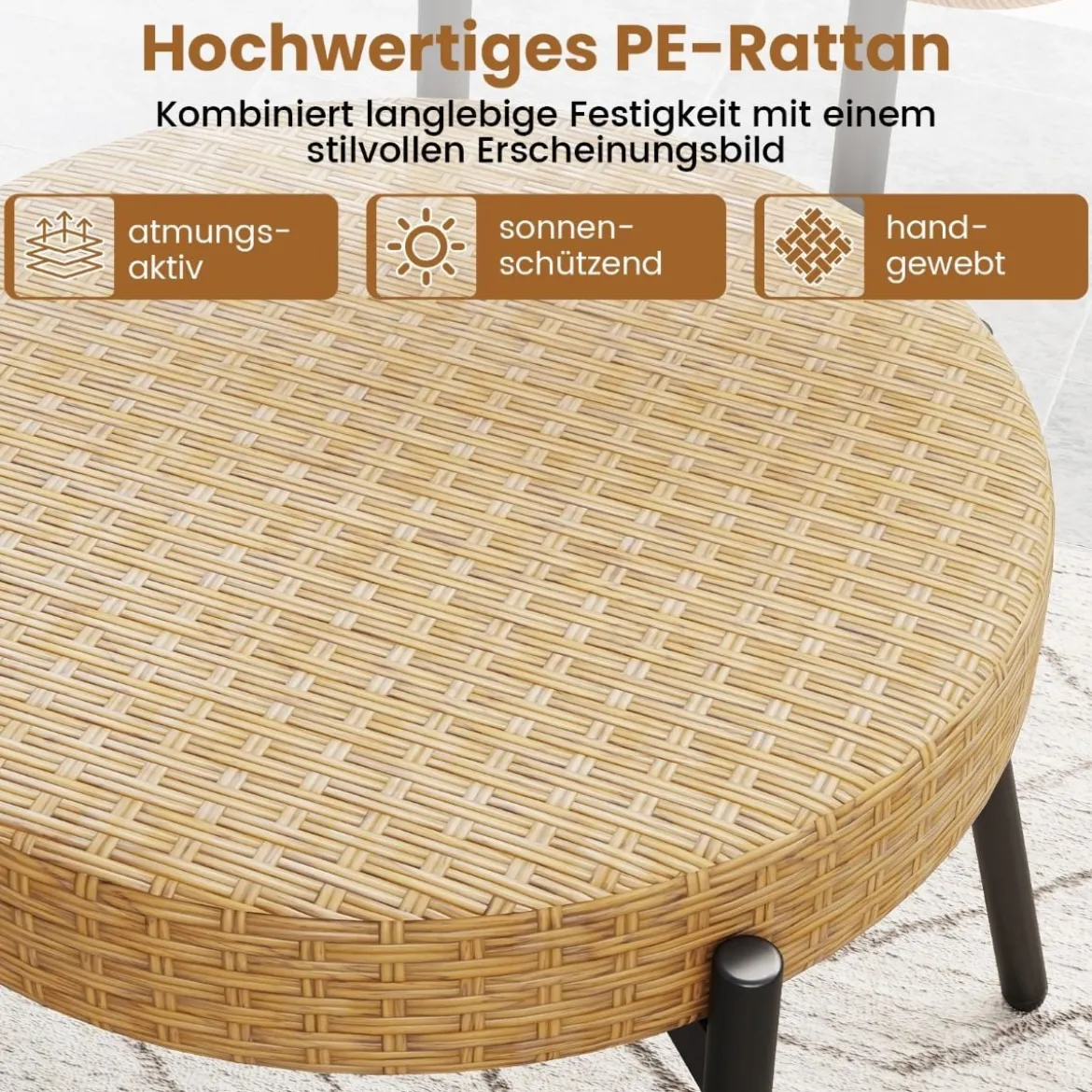 3-teiliges PE-Rattan Outdoor Bistro-Set Patio-Gesprächsset mit temperiertem Glas-Couchtisch Braun