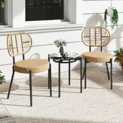 3-teiliges PE-Rattan Outdoor Bistro-Set Patio-Gesprächsset mit temperiertem Glas-Couchtisch Braun