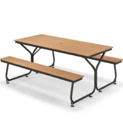 3-teiliges Picknicktisch & Bank-Set mit Holzähnlicher Textur für 8 Personen Braun