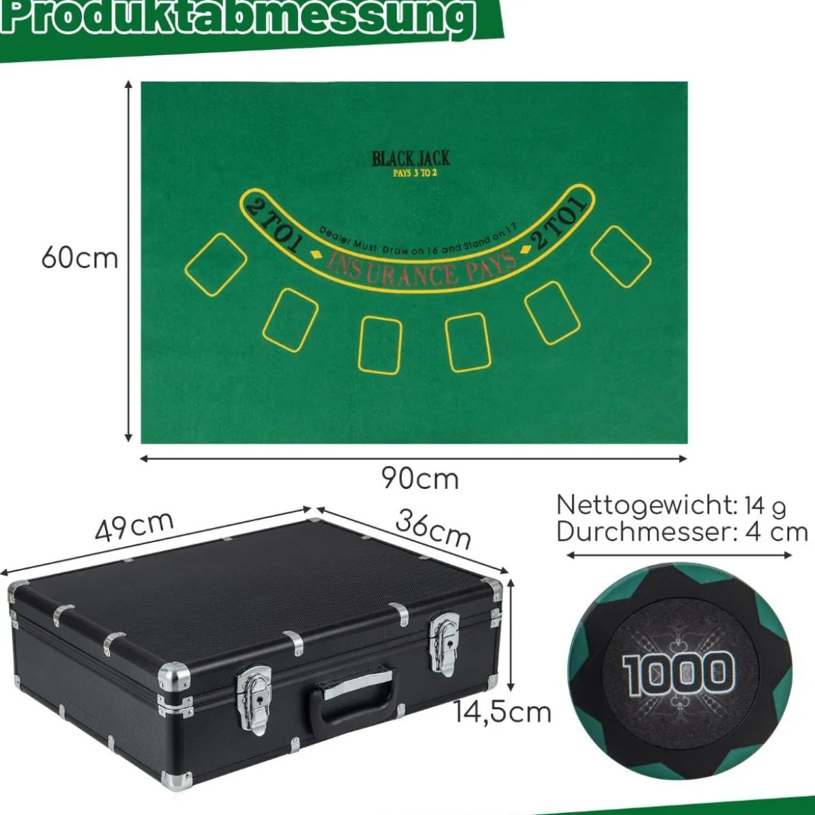 600-teiliges Poker Chip Set 14 Gramm Claytec Chips mit Tragetasche Schwarz
