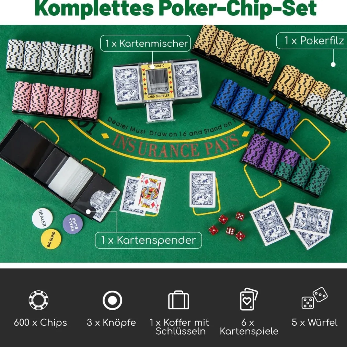 600-teiliges Poker Chip Set 14 Gramm Claytec Chips mit Tragetasche Schwarz