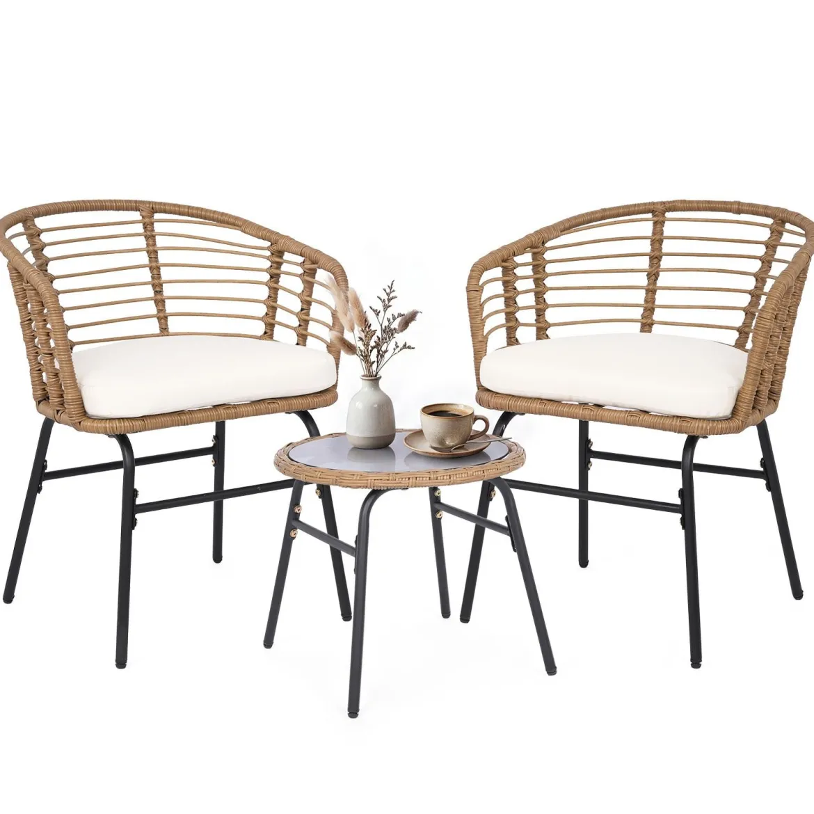 3-Teiliges Rattan Gartenmöbel Set Bistroset für 2 Personen Balkonmöbel mit Glastisch