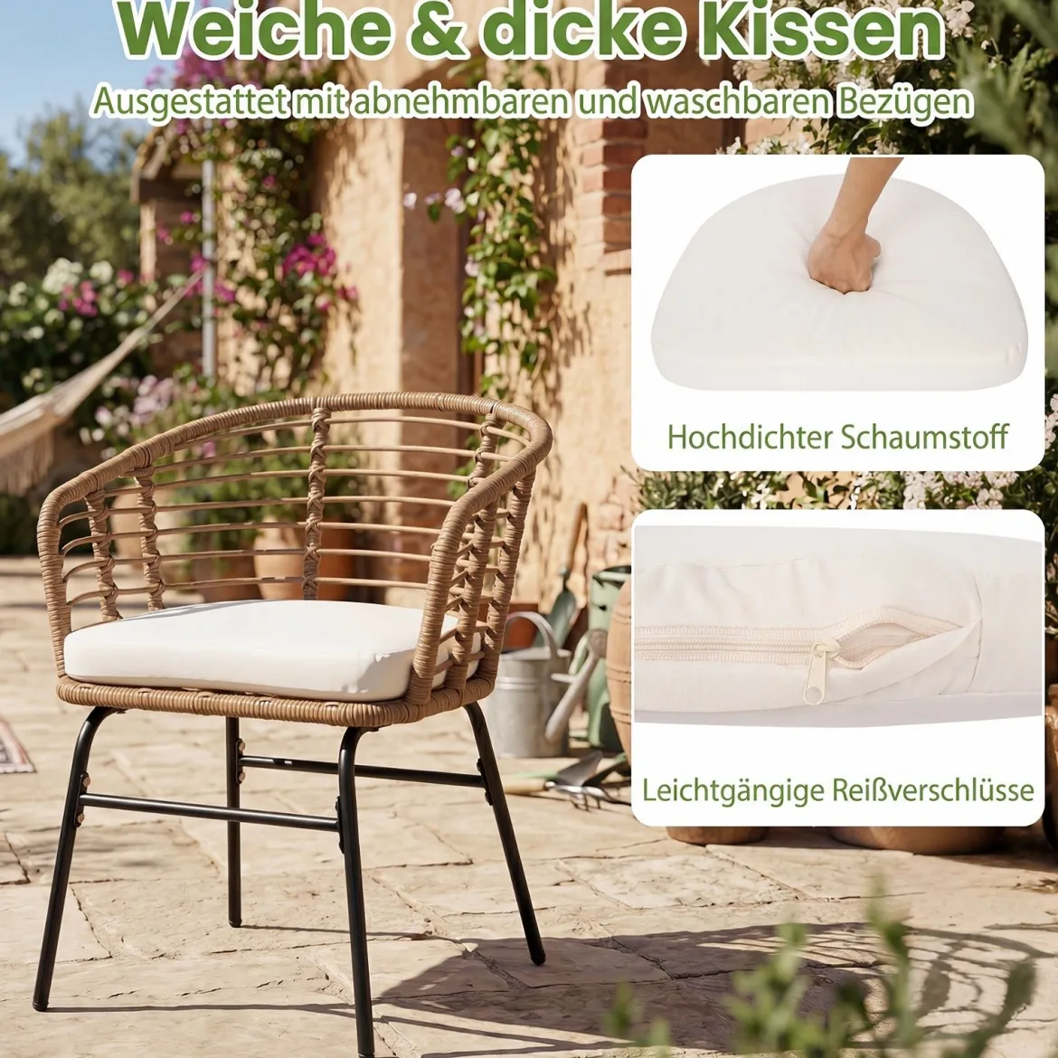 3-Teiliges Rattan Gartenmöbel Set Bistroset für 2 Personen Balkonmöbel mit Glastisch