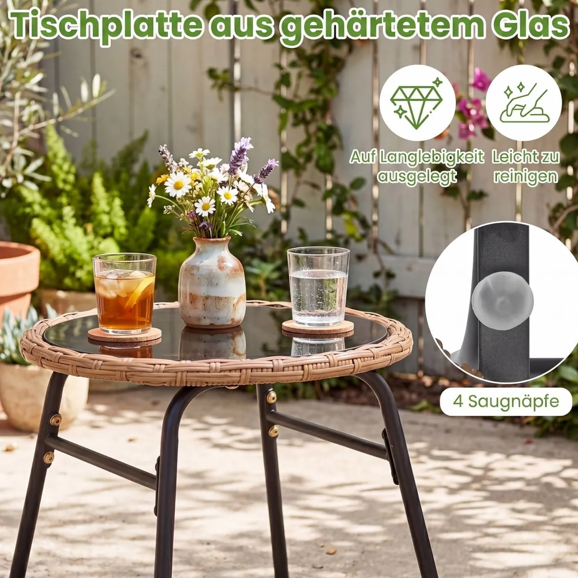 3-Teiliges Rattan Gartenmöbel Set Bistroset für 2 Personen Balkonmöbel mit Glastisch