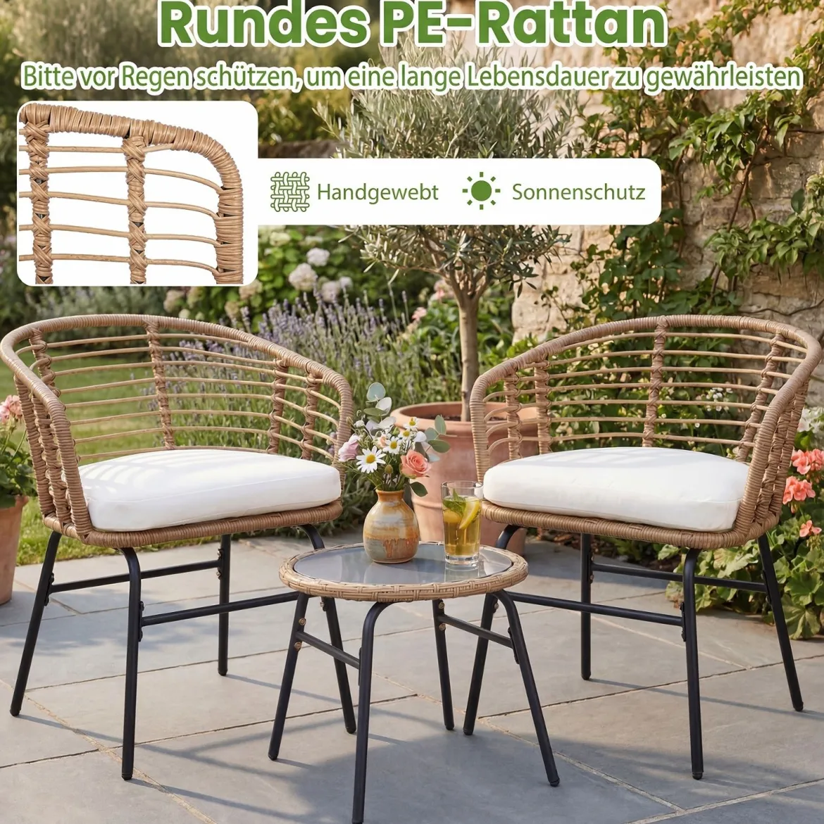 3-Teiliges Rattan Gartenmöbel Set Bistroset für 2 Personen Balkonmöbel mit Glastisch
