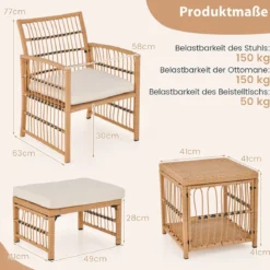5-Teiliges Rattan Gartenmöbel Set Balkonmöbel mit 2 Sessel 2 Hocker & 2-Stöckiger Kaffeetisch Loungeset
