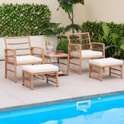 5-Teiliges Rattan Gartenmöbel Set Balkonmöbel mit 2 Sessel 2 Hocker & 2-Stöckiger Kaffeetisch Loungeset