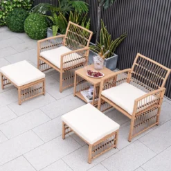 5-Teiliges Rattan Gartenmöbel Set Balkonmöbel mit 2 Sessel 2 Hocker & 2-Stöckiger Kaffeetisch Loungeset