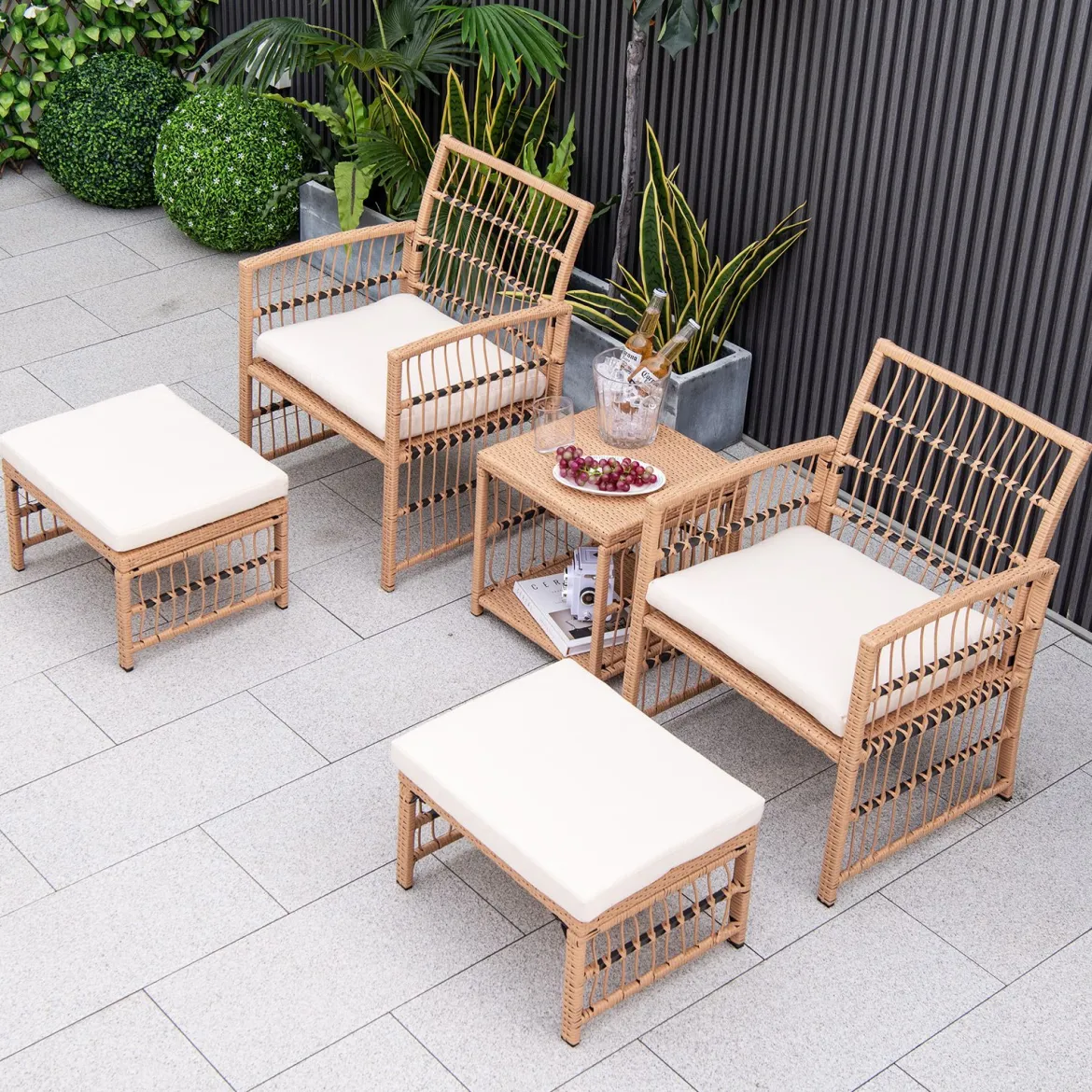 5-Teiliges Rattan Gartenmöbel Set Balkonmöbel mit 2 Sessel 2 Hocker & 2-Stöckiger Kaffeetisch Loungeset