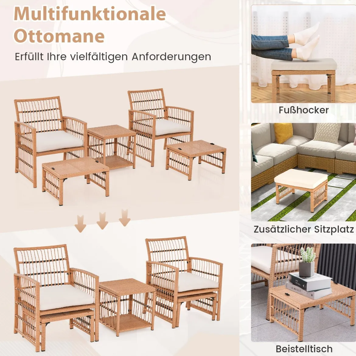 5-Teiliges Rattan Gartenmöbel Set Balkonmöbel mit 2 Sessel 2 Hocker & 2-Stöckiger Kaffeetisch Loungeset