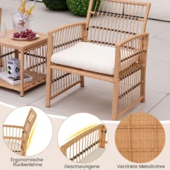 5-Teiliges Rattan Gartenmöbel Set Balkonmöbel mit 2 Sessel 2 Hocker & 2-Stöckiger Kaffeetisch Loungeset