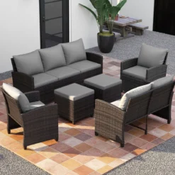 6-Teiliges Rattan-Gartenmöbel-Set Wetterfeste Sitzgruppe für 7 Personen mit Weiche Sitzkissen Beige/Grau