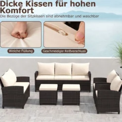 6-Teiliges Rattan-Gartenmöbel-Set Wetterfeste Sitzgruppe für 7 Personen mit Weiche Sitzkissen Beige/Grau