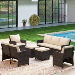 6-Teiliges Rattan-Gartenmöbel-Set Wetterfeste Sitzgruppe für 7 Personen mit Weiche Sitzkissen Beige/Grau