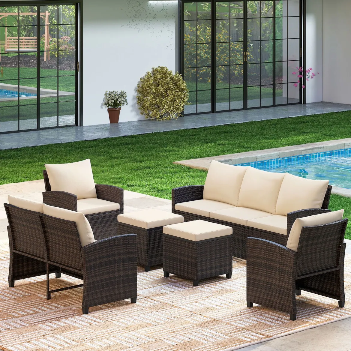 6-Teiliges Rattan-Gartenmöbel-Set Wetterfeste Sitzgruppe für 7 Personen mit Weiche Sitzkissen Beige/Grau