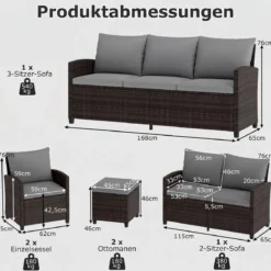 6-Teiliges Rattan-Gartenmöbel-Set Wetterfeste Sitzgruppe für 7 Personen mit Weiche Sitzkissen Beige/Grau