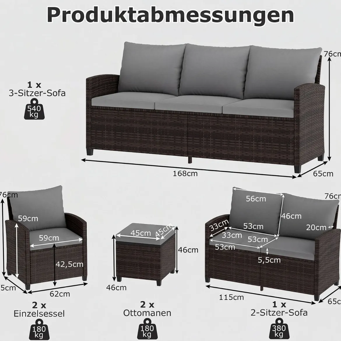 6-Teiliges Rattan-Gartenmöbel-Set Wetterfeste Sitzgruppe für 7 Personen mit Weiche Sitzkissen Beige/Grau