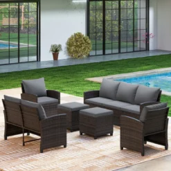 6-Teiliges Rattan-Gartenmöbel-Set Wetterfeste Sitzgruppe für 7 Personen mit Weiche Sitzkissen Beige/Grau