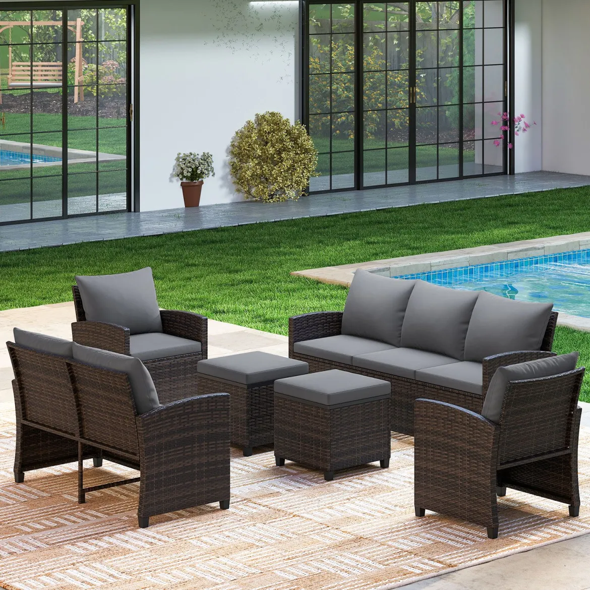 6-Teiliges Rattan-Gartenmöbel-Set Wetterfeste Sitzgruppe für 7 Personen mit Weiche Sitzkissen Beige/Grau