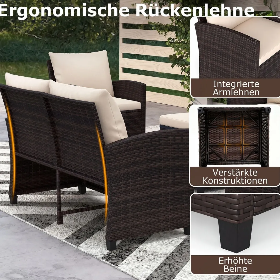 6-Teiliges Rattan-Gartenmöbel-Set Wetterfeste Sitzgruppe für 7 Personen mit Weiche Sitzkissen Beige/Grau