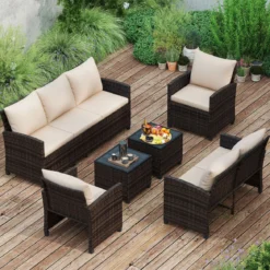 6-Teiliges Rattan-Gartenmöbel-Set Wetterfeste Sitzgruppe für 7 Personen mit Weiche Sitzkissen Beige/Grau