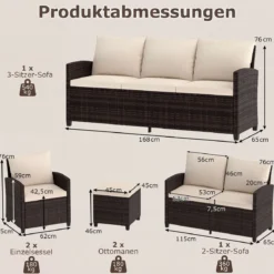 6-Teiliges Rattan-Gartenmöbel-Set Wetterfeste Sitzgruppe für 7 Personen mit Weiche Sitzkissen Beige/Grau
