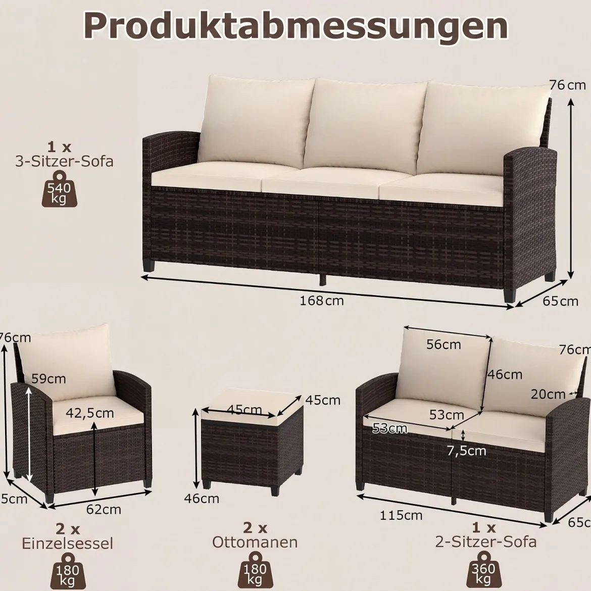 6-Teiliges Rattan-Gartenmöbel-Set Wetterfeste Sitzgruppe für 7 Personen mit Weiche Sitzkissen Beige/Grau