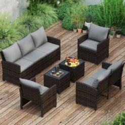 6-Teiliges Rattan-Gartenmöbel-Set Wetterfeste Sitzgruppe für 7 Personen mit Weiche Sitzkissen Beige/Grau