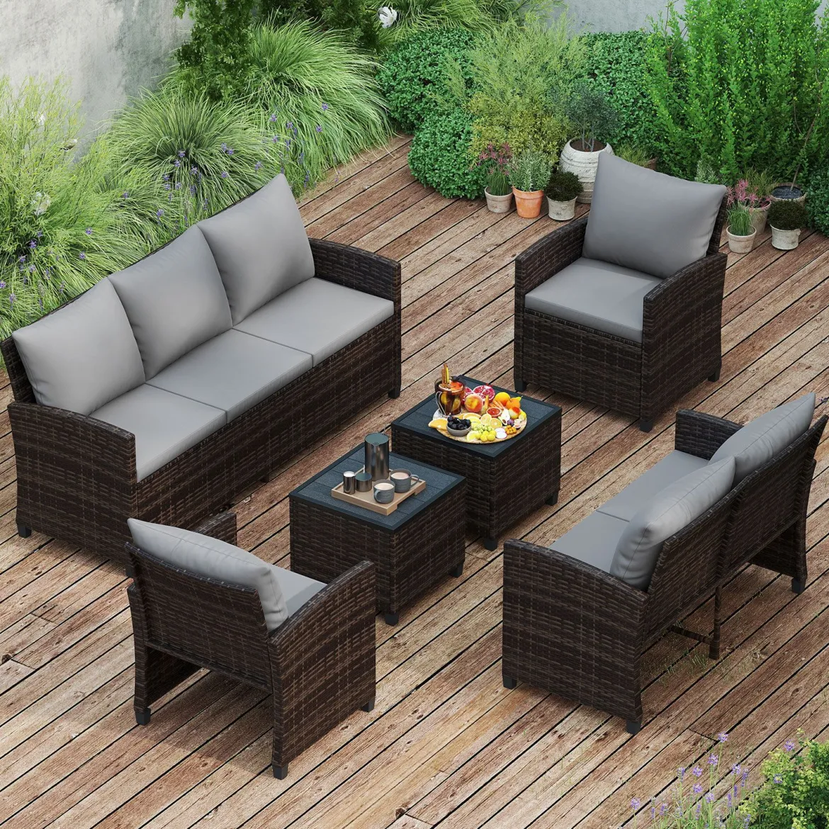 6-Teiliges Rattan-Gartenmöbel-Set Wetterfeste Sitzgruppe für 7 Personen mit Weiche Sitzkissen Beige/Grau