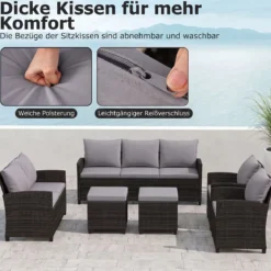 6-Teiliges Rattan-Gartenmöbel-Set Wetterfeste Sitzgruppe für 7 Personen mit Weiche Sitzkissen Beige/Grau