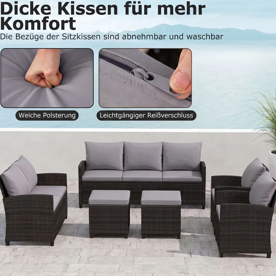 6-Teiliges Rattan-Gartenmöbel-Set Wetterfeste Sitzgruppe für 7 Personen mit Weiche Sitzkissen Beige/Grau