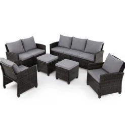 6-Teiliges Rattan-Gartenmöbel-Set Wetterfeste Sitzgruppe für 7 Personen mit Weiche Sitzkissen Beige/Grau
