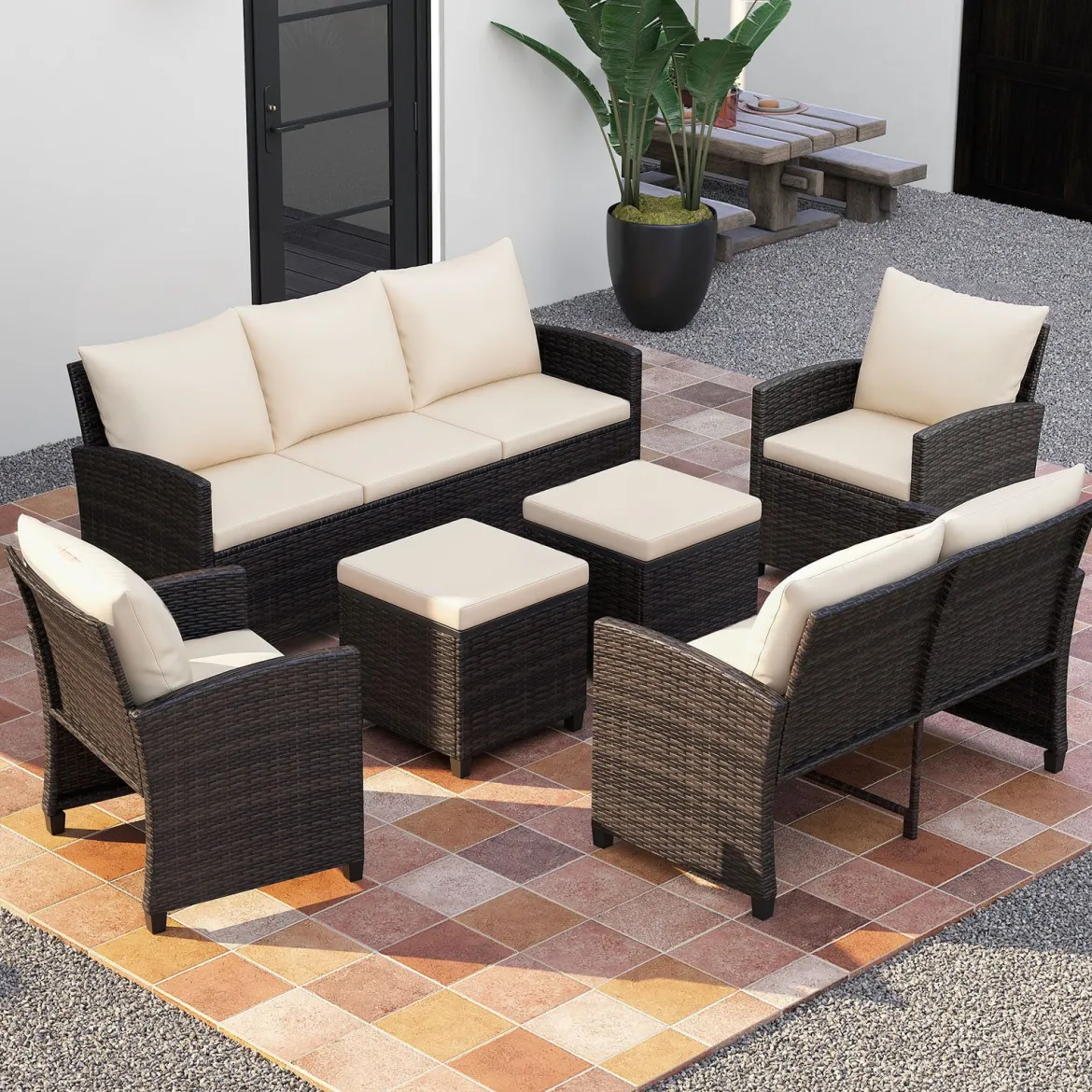 6-Teiliges Rattan-Gartenmöbel-Set Wetterfeste Sitzgruppe für 7 Personen mit Weiche Sitzkissen Beige/Grau