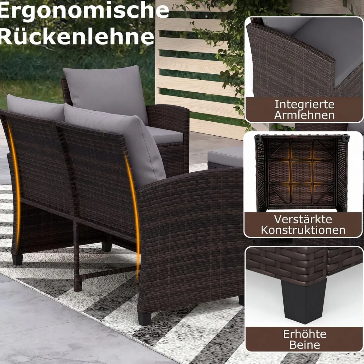 6-Teiliges Rattan-Gartenmöbel-Set Wetterfeste Sitzgruppe für 7 Personen mit Weiche Sitzkissen Beige/Grau