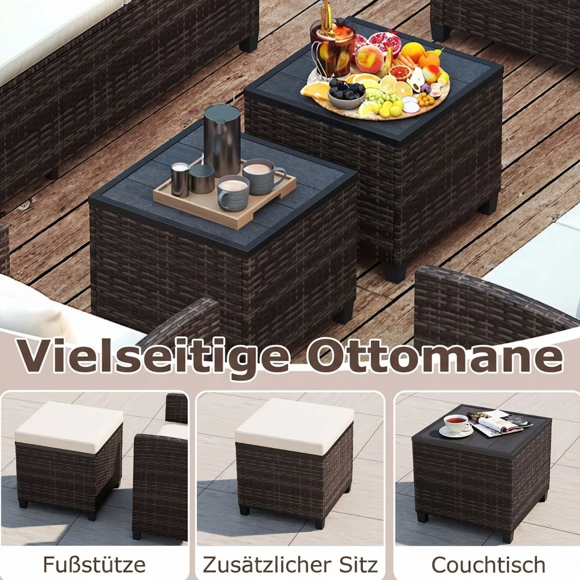 6-Teiliges Rattan-Gartenmöbel-Set Wetterfeste Sitzgruppe für 7 Personen mit Weiche Sitzkissen Beige/Grau