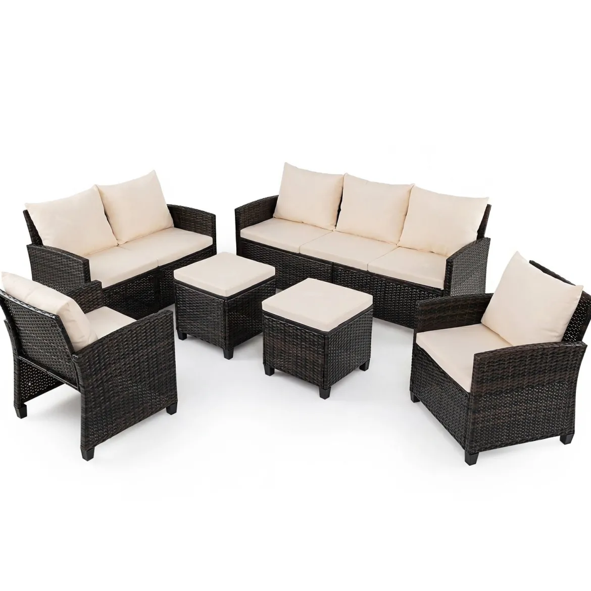 6-Teiliges Rattan-Gartenmöbel-Set Wetterfeste Sitzgruppe für 7 Personen mit Weiche Sitzkissen Beige/Grau