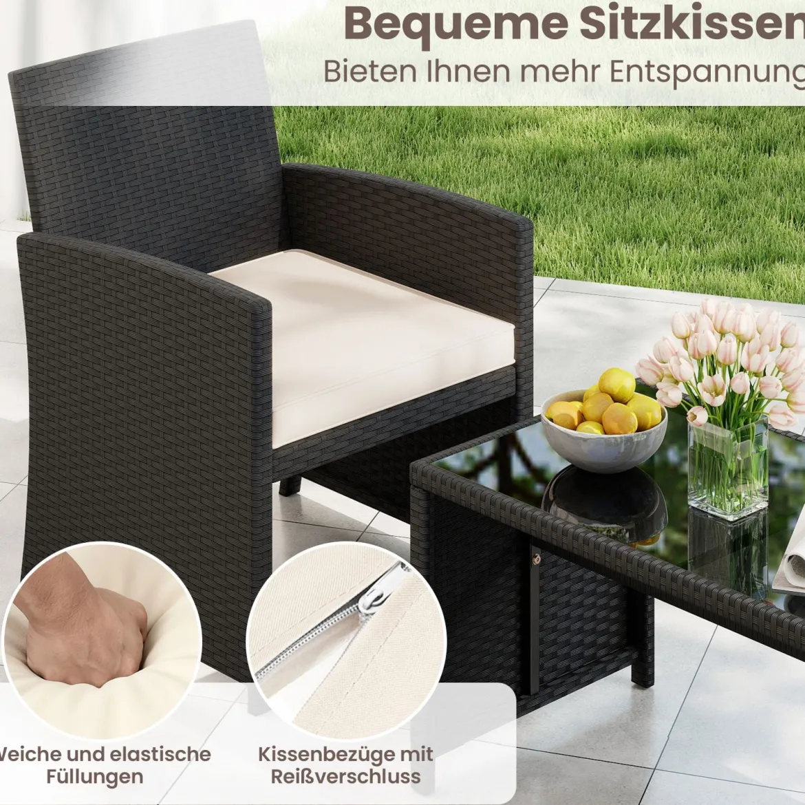 4-teiliges Rattan Gartenmöbel Wicker 2-Sitzer Sofa mit gehärtetem Glas-Couchtisch Beige