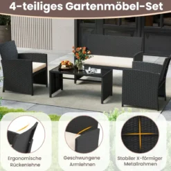 4-teiliges Rattan Gartenmöbel Wicker 2-Sitzer Sofa mit gehärtetem Glas-Couchtisch Beige