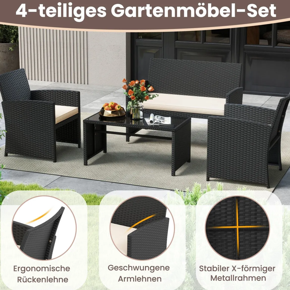 4-teiliges Rattan Gartenmöbel Wicker 2-Sitzer Sofa mit gehärtetem Glas-Couchtisch Beige