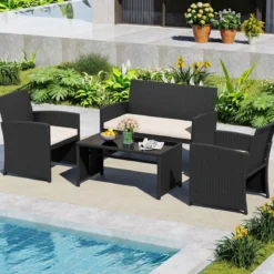 4-teiliges Rattan Gartenmöbel Wicker 2-Sitzer Sofa mit gehärtetem Glas-Couchtisch Beige