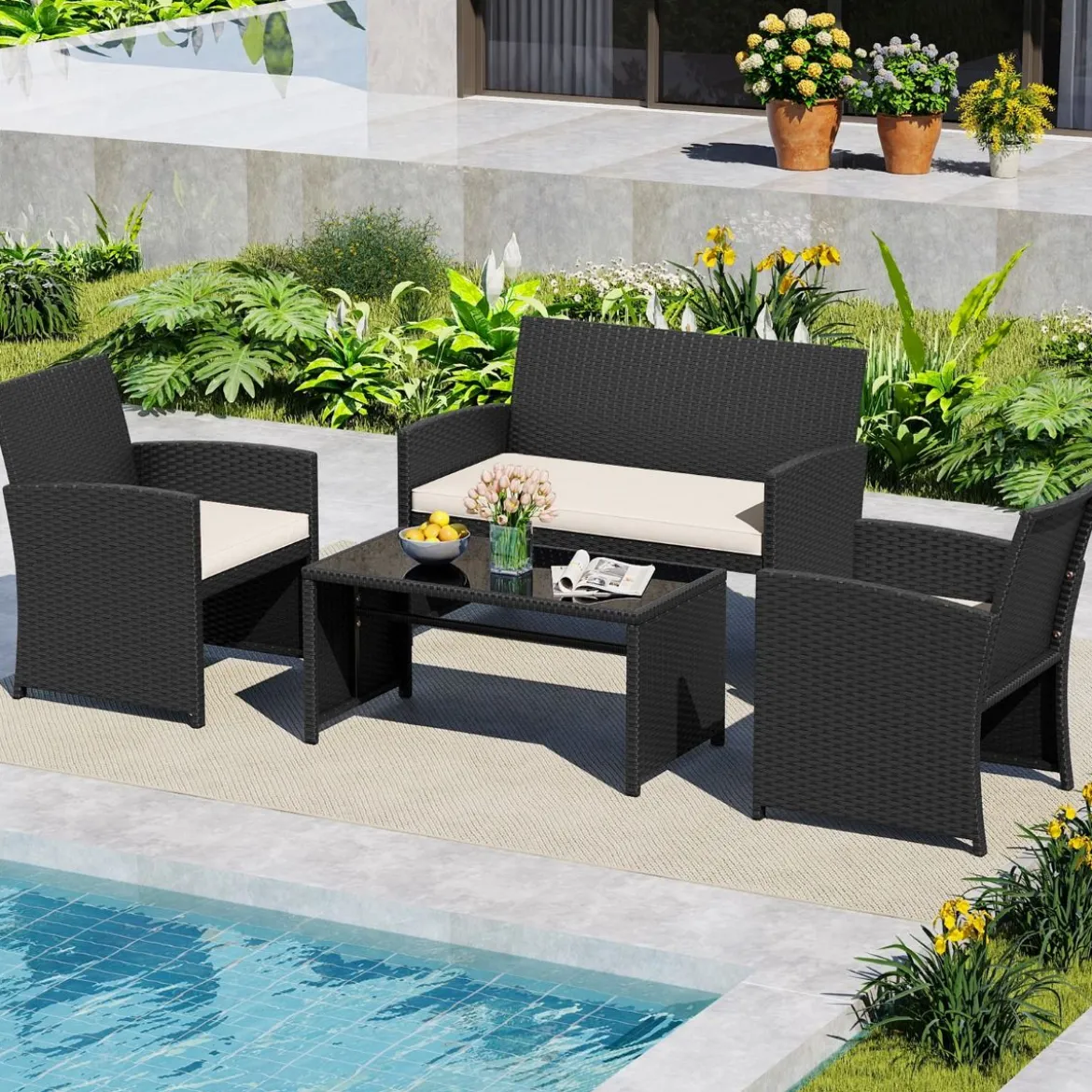 4-teiliges Rattan Gartenmöbel Wicker 2-Sitzer Sofa mit gehärtetem Glas-Couchtisch Beige